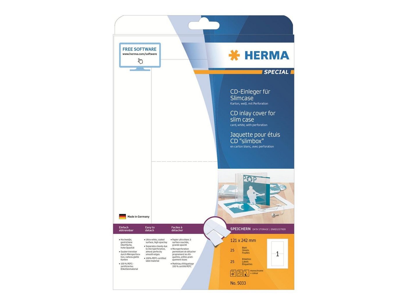 HERMA CD-Rohling HERMA CD-Einleger A4 weiß 121x242 mm nicht klebend 25 St. von HERMA