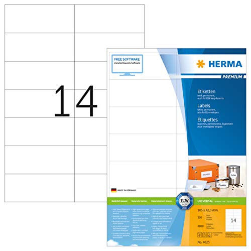 HERMA Etikett, Inkjet/Laser/Kopierer, selbstklebend, 105 x 42,3 mm, weiß (2.800 Stück), Sie erhalten 1 Packung á 2800 Stück von HERMA