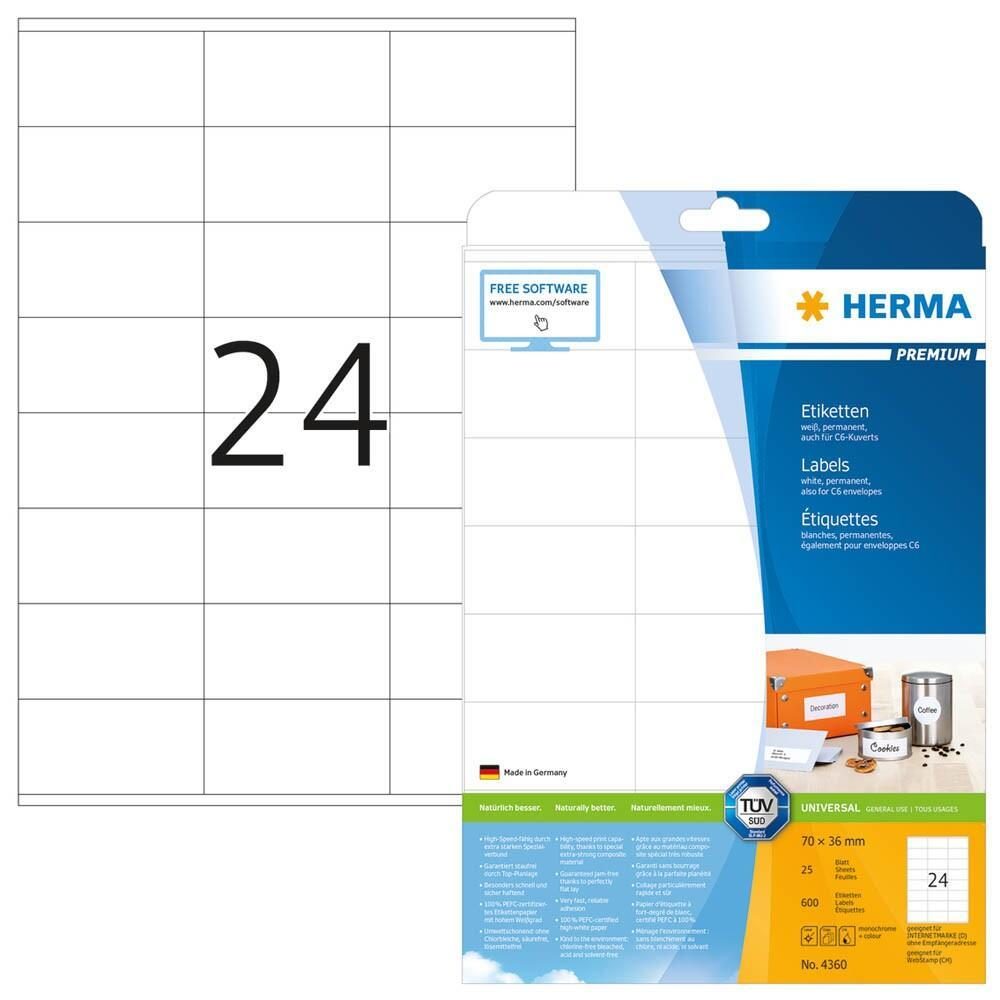 HERMA Etiketten 4360 weiß 70,0 x 36,0 mm - 600 Stück HERMA Etiketten 4360 weiß 70,0 x 36,0 mm - 600 Stück von HERMA