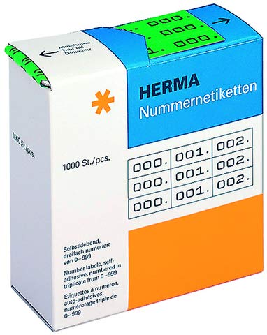 HERMA Nummernetikett, 3fach, 000. - 999, selbstklebend, Papier, 22 x 10 mm, grün, Druckfarbe: schwarz (1.000 Stück), Sie erhalten 1 Packung á 1000 Stück von HERMA