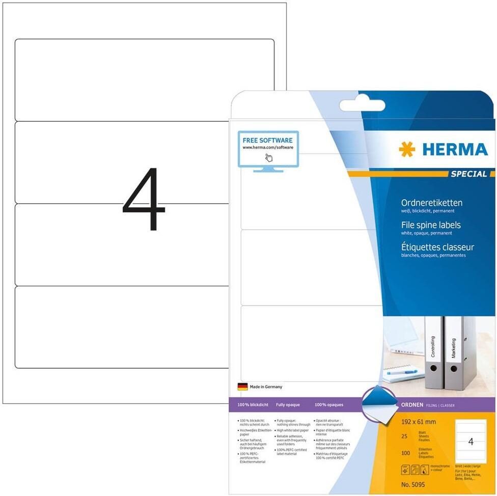 HERMA Ordneretiketten permanent weiß 192 x 61 mm - 100 Etiketten von HERMA