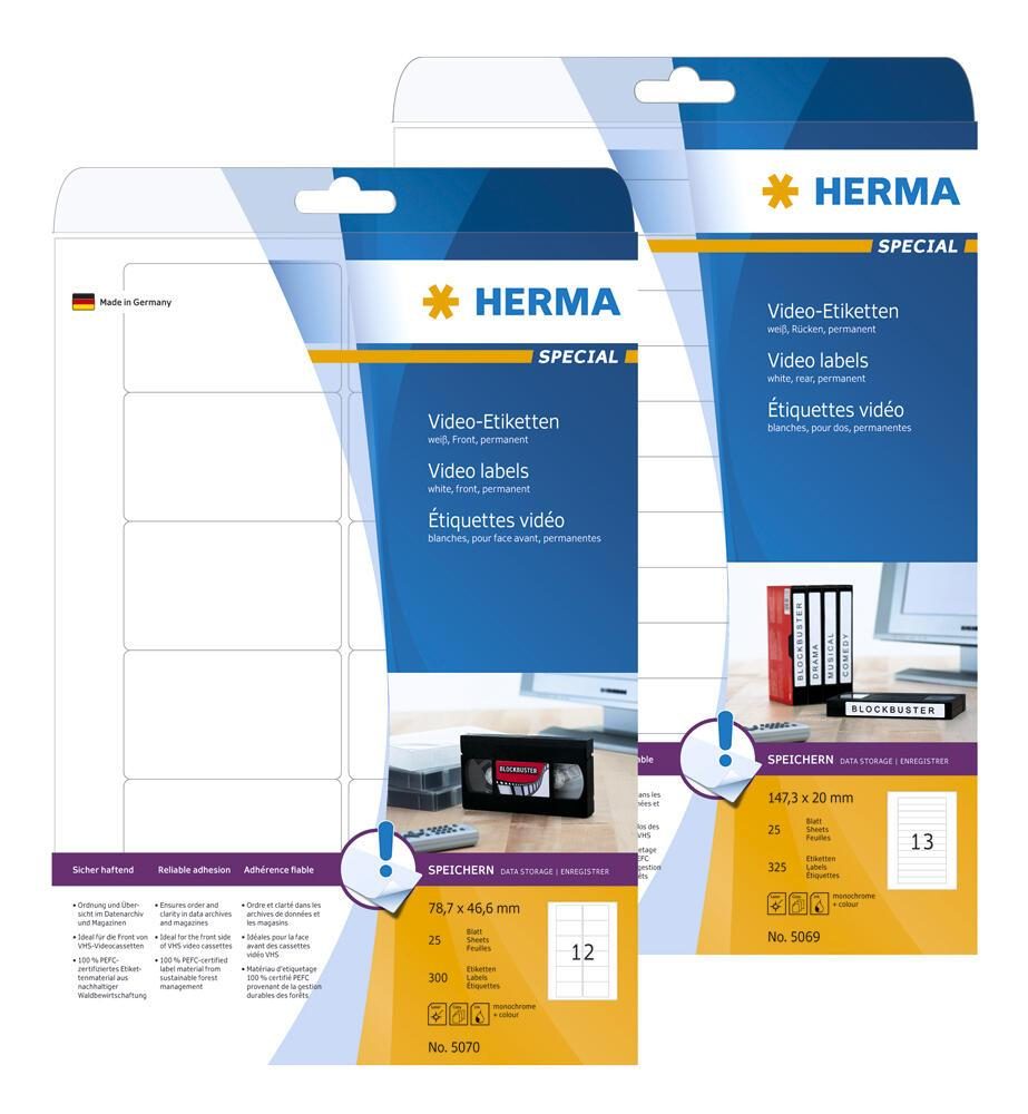 HERMA Video Etiketten 5069 147,3 x 20,0 mm weiß von HERMA