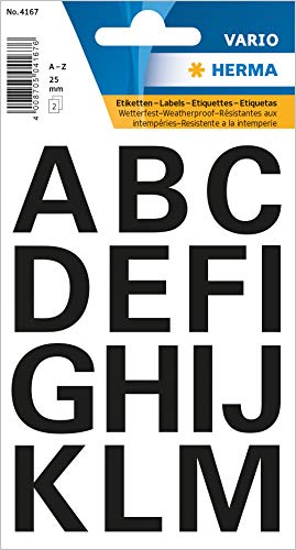 HERMA Buchstaben Aufkleber Schwarz, 30 Stück, Schriftgröße 25 mm, selbstklebend, wasserfest, wetterfest, groß, Alphabet Sticker Klebebuchstaben A-Z aus Folie zum Aufkleben, transparent von HERMA