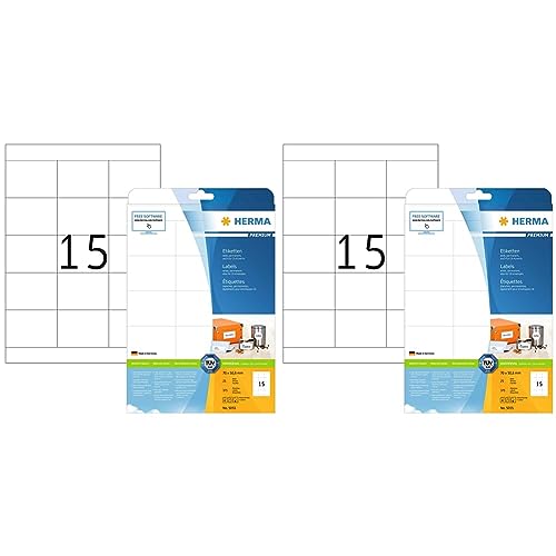 Universal Etiketten, 25 Blatt, 70 x 50,8 mm, 15 Stück pro A4 Bogen, 375 Aufkleber, selbstklebend, bedruckbar, matt, blanko Klebeetiketten aus Papier, weiß (Packung mit 2) von HERMA