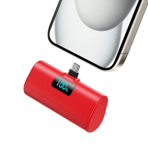 Mini Powerbank 5200mAh, Klein Power Bank USB C PD Externer Akku, Compact LCD Digitalanzeige Akkupack Kompatibel mit iPhone 15/16, Samsung S23/24 Serie, Note20/10 Serie, Huawei, iPad Pro/Air-Rot von HETP
