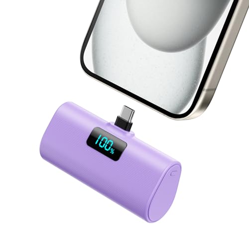 Mini Powerbank 5200mAh, Klein Power Bank USB C PD Externer Akku, Compact LCD Digitalanzeige Akkupack Kompatibel mit iPhone 15/16, Samsung S23/24 Serie, Note20/10 Serie, Huawei, iPad Pro/Air-Violett von HETP