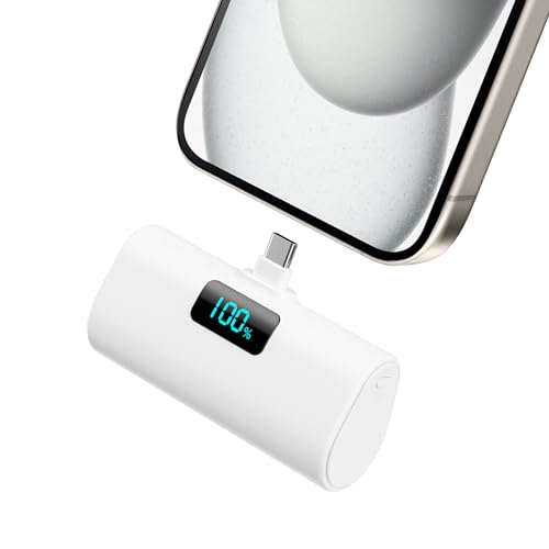 Mini Powerbank 5200mAh, Klein Power Bank USB C PD Externer Akku, Compact LCD Digitalanzeige Akkupack Kompatibel mit iPhone 15/16, Samsung S23/24 Serie, Note20/10 Serie, Huawei, iPad Pro/Air-Weiß von HETP