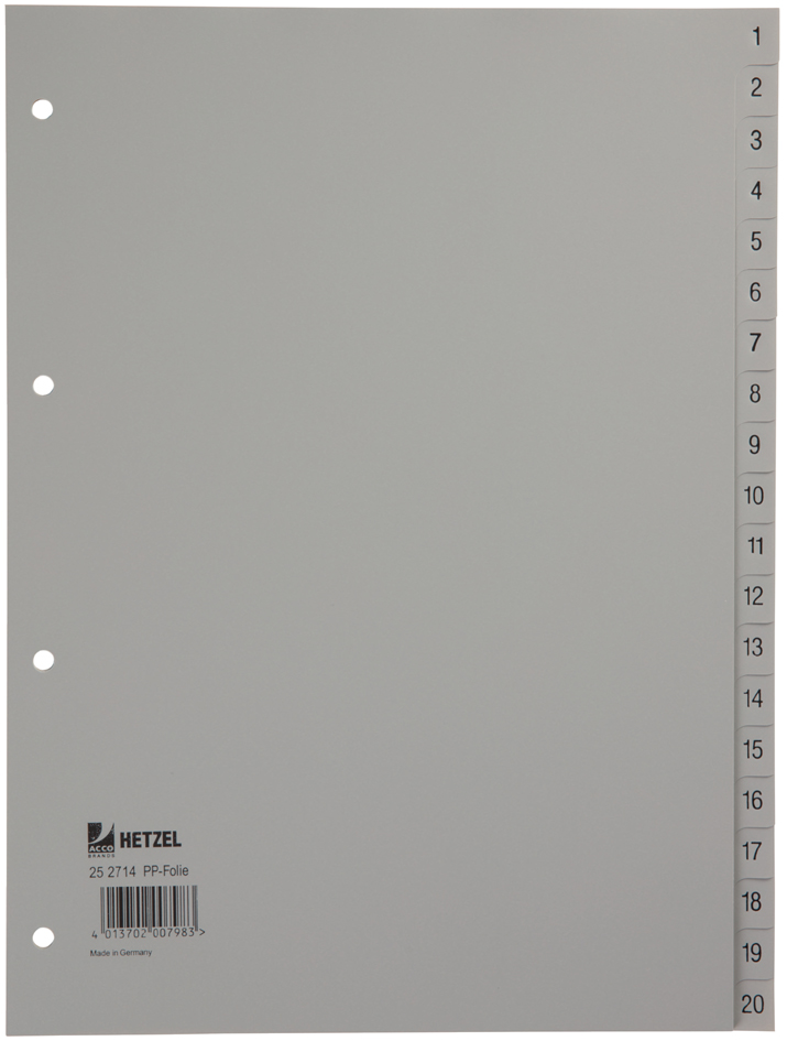 HETZEL Kunststoff-Register, Zahlen, A4, 1-20, PP, grau von HETZEL