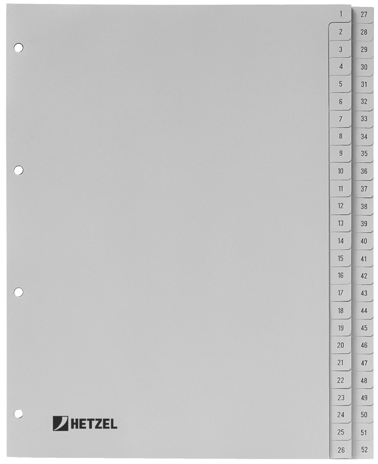 HETZEL Kunststoff-Register, Zahlen, A4, 1-52, PP, grau von HETZEL