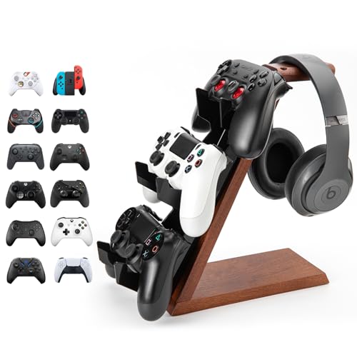 HEWYIOS 3-stöckiger Holz-Ständer, kompatibel mit PS4, PS5, One-Switch, PS5-Controller-Halterung, Headset, PC-Gaming-Zubehör, Videospiel-Controller-Halter für Schreibtisch (braunes Holz) von HEWYIOS