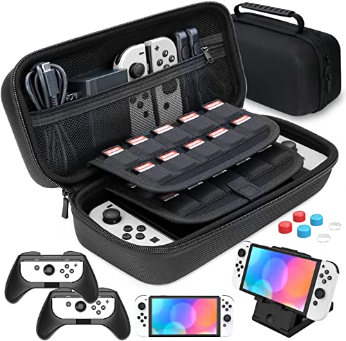 HEYSTOP Switch/Switch OLED Tasche Kompatibel mit Nintendo Switch Zubehör Kit, Universal Switch/Switch OLED Zubehör Tragetasche Mit 2 Griffen, Verstellbarem PlayStand und 6 Daumen Griffkappen von HEYSTOP