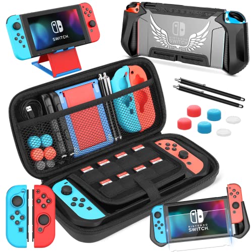 HEYSTOP Tasche für Nintendo Switch Zubehör,Dockable Hülle für Nintendo Switch Konsole mit Schutzfolie,Playstand,Touchscreen-Stift,Griffhülle und Daumenkappe für Nintendo Switch Controller von HEYSTOP