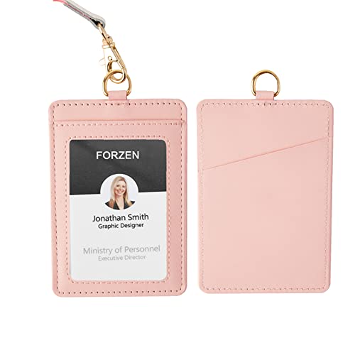 Ausweishalter,vertikaler Ausweis-Kartenhalter aus Leder,durchsichtiges Ausweisfenster mit Umhängeband für Männer und Frauen/Lehrer/Krankenschwester(Rosa) von HEZEN