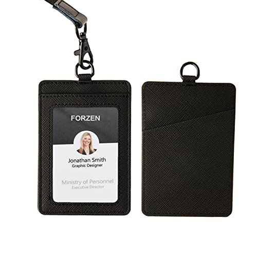 Ausweishalter,vertikaler Ausweis-Kartenhalter aus Leder,durchsichtiges Ausweisfenster mit Umhängeband für Männer und Frauen/Lehrer/Krankenschwester/Student(Schwarz-A) von HEZEN