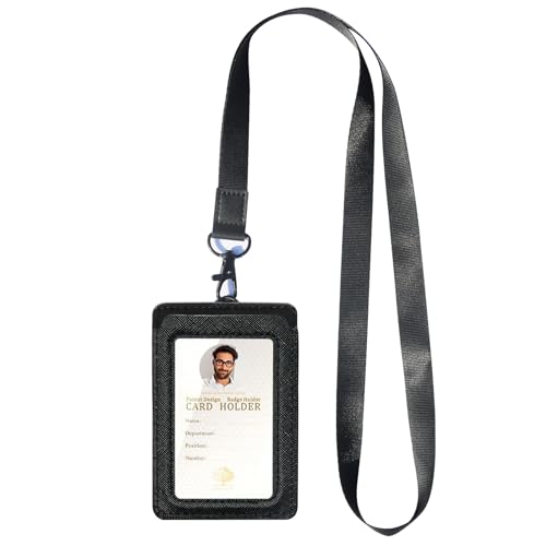 Ausweishalter,vertikaler Ausweis-Kartenhalter aus Leder,durchsichtiges Ausweisfenster mit Umhängeband für Männer und Frauen/Lehrer/Krankenschwester/Student(Schwarz-B) von HEZEN