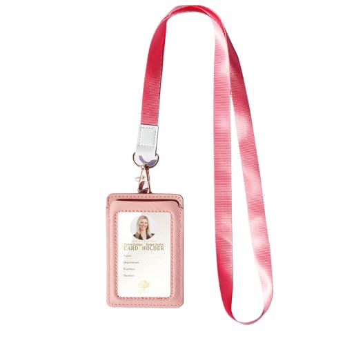 Ausweishalter,vertikaler Ausweis-Kartenhalter aus Leder,durchsichtiges Ausweisfenster mit Umhängeband für Männer und Frauen/Lehrer/Krankenschwester (Rosa-A) von HEZEN