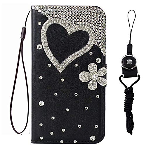 HFICY Diamonds Designed Case for Sony Case with 2 Pack Glass Screen Protectors + 2 Straps, Girly Bling Wallet Leather Phone Case Sparkly Cover for Women (Love Heart Flower,For Sony Xperia 10 V) von HFICY