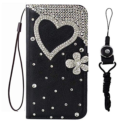 HFICY Diamonds Designed Schutzh?lle f?r Huawei mit 2 Displayschutzfolien aus Glas + 2 Riemen, Girly Bling Wallet Leder Handyh?lle Glitzer Cover f?r Frauen (Liebe Herz Blume, f?r Huawei Mate 20 X) von HFICY