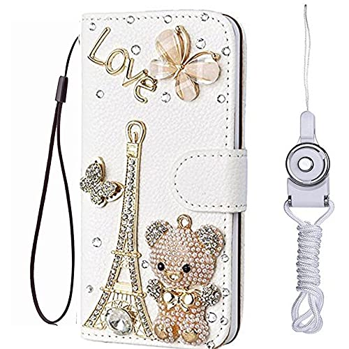 HFICY Diamonds Designed for Google Pixel Case with 2 Pack Glass Screen Protectors + 2 Straps, Girly Bling Wallet Leather Phone Case Sparkly Cover for Women (butterfly tower bear, for Google Pixel 6A) von HFICY