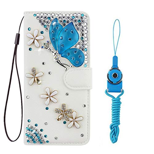 HFICY Diamonds Designed for Samsung Galaxy Case with 2 Pack Glass Screen Protectors + 2 Straps, Girly Bling Wallet Leather Phone Case Sparkly Cover For S20, Blue Butterfly Flowers) von HFICY