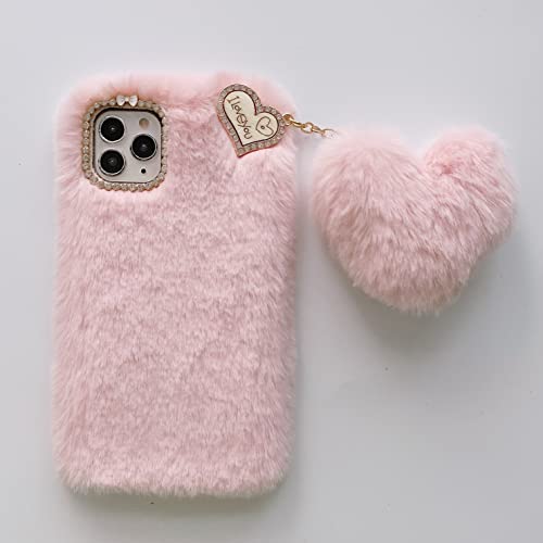 HFICY Girly Kunstfell-Schutzhülle aus flauschigem Plüsch, mit 2 Displayschutzfolien, glitzerndes Herz, Quaste, weiche Damen-Handyhülle (Pink, für Nokia X10 X20) von HFICY