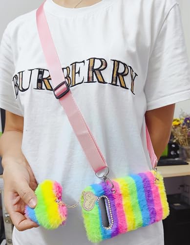 HFICY Girly Schutzhülle aus flauschigem Kunstfell, mit 2 Displayschutzfolien aus Glas, glitzerndes Kunstfell, weiche Rückseite, Damen-Handyschutzhülle (für Google Pixel 5 5G, Regenbogen-Herz) von HFICY