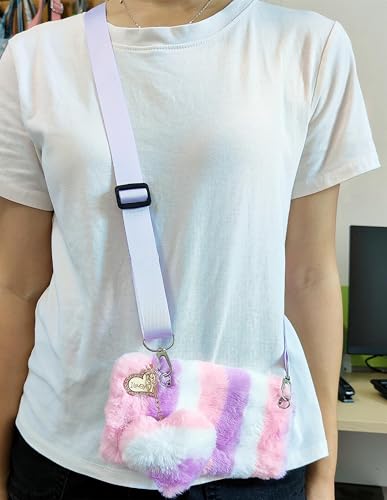 HFICY Girly Schutzhülle aus flauschigem Kunstfell, mit 2 Displayschutzfolien aus Glas, weiche Rückseite, für Damen, Violett mit Herzmotiv von HFICY