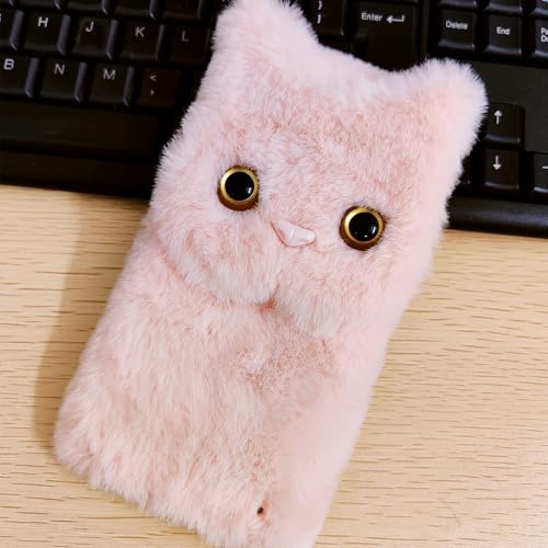 HFICY Schutzhülle für Honor X7C 4G, Kunstfell, flauschig, mit 2 Displayschutzfolien, glitzerndes Kunstfell, weiche Damen-Handyrückseite (rosa Katze) von HFICY