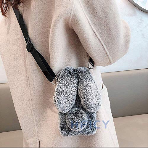HFICY Schutzhülle für Xiaomi Mi 13, Kunstfell, flauschig, Plüsch, mit 2 Displayschutzfolien, Glitzer, Kunstfell, weich, für Damen, Rückseite (graues Kaninchen) von HFICY