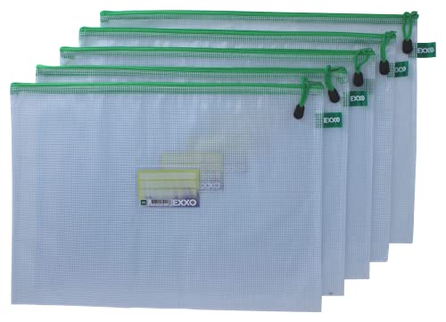 EXXO by HFP 34113 Kleinkrambeutel Mesh Bag Zipper-Beutel A3 mit Visitenkartentasche ZIPPER, 5 Stück mit grünem Reißverschluss Weiß Milky von HFP