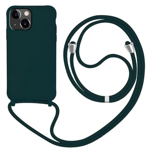 HFYiup Mevis Liquid Silikon Handykette Hülle für iPhone 15,Verstellbarer Halskette Silikon Handyhülle-Dunkelgrün von HFYiup