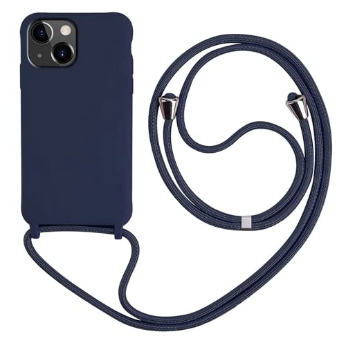 HFYiup Mevis Liquid Silikon Handykette Hülle für iPhone 15,Verstellbarer Halskette Silikon Handyhülle-Navy blau von HFYiup
