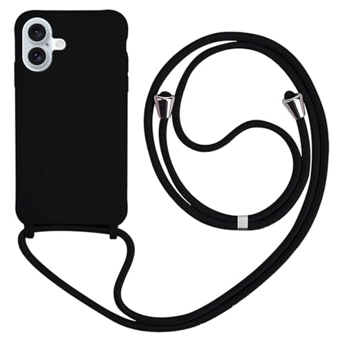 HFYiup Mevis Liquid Silikon Handykette Hülle für iPhone 16 Plus,Verstellbarer Halskette Silikon Handyhülle-schwarz von HFYiup