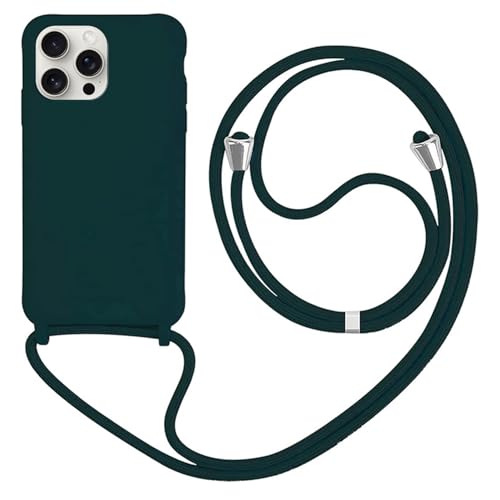 HFYiup Mevis Liquid Silikon Handykette Hülle für iPhone 16 Pro,Verstellbarer Halskette Silikon Handyhülle-Dunkelgrün von HFYiup