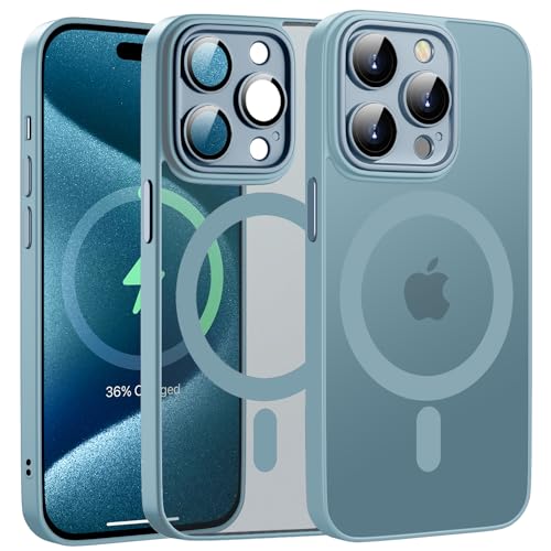 HGH Magnetisch Handyhülle für iPhone 15 Pro hülle,[Militärgeprüft & Kompatibel mit magsafe] Durchscheinende Matte Rückseite für iPhone 15 Pro case 6,1 Zoll,Yuanfeng-Blau von HGH