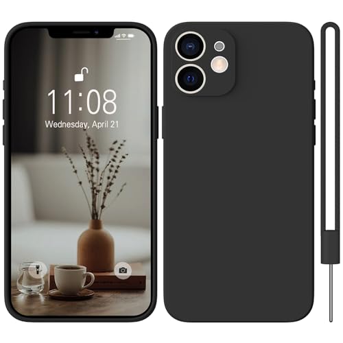 HGH iPhone 12 Mini Hülle Silikon mit 1 Lanyard, Handyhülle iPhone 12 Mini Case Ultra Dünne Rundumschutz mit Weichem Microfiber-Innenfutter Kratzfest Schutzhülle für iPhone 12 Mini 5.4",Schwarz von HGH