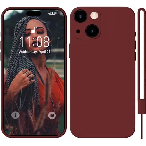 HGH iPhone 15 Hülle Silikon mit 1 Lanyard, Handyhülle iPhone 15 Case Ultra Dünne Rundumschutz mit Weichem Microfiber-Innenfutter Stoßfeste Kratzfest Schutzhülle für iPhone 15 6.1"- Dunkelrot von HGH