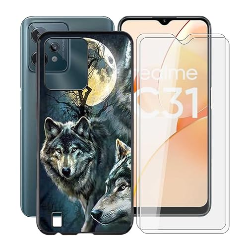 HGJTF Handyhülle Hülle für Realme C31 (6.5") + 2 Stück Schutzfolie, Gehärtetem Glasfolie + Schwarz Weiche Silikon TPU Bumper Kratzfest Cover Schutzhülle Tasche für Realme C31 - WMA29 von HGJTF