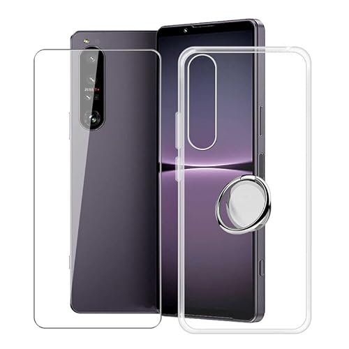 HGJTF Handyhülle Hülle für Sony Xperia 1 IV (6.5") + Schutzfolie, Mit um 360 Grad drehbarer Ringhalterung Ultradünn Transparent TPU Silikon Stoßfest Schutzhülle Tasche für Sony Xperia 1 IV von HGJTF