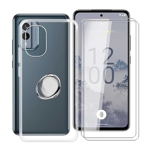 HGJTF Handyhülle für Nokia X30 (6.43") mit 2 Stück Gehärtetem Glasfolie, 360 Grad drehbarer Ringhalterung + Transparent Silikon Stoßfest Hülle Schale TPU Bumper Schutzhülle Case von HGJTF
