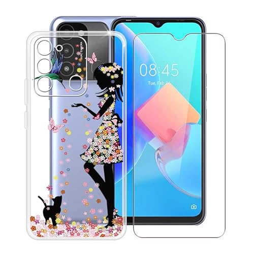 HGJTF Handyhülle für Tecno Spark 8C Schutzfolie (6.6"), Dünn Silikon Bumper Hülle Stoßfest Cover Tasche, Weiche TPU Transparent Schutzhülle für Tecno Spark 8C mit HD Gehärtetem Glas - WM49 von HGJTF