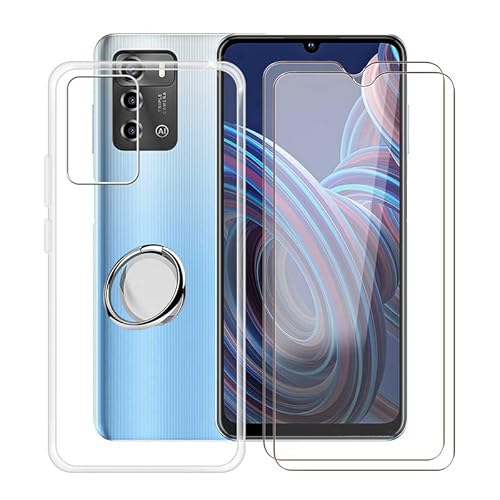 HGJTF Handyhülle für ZTE Blade V40 Smart (6.75") mit 2 Stück Gehärtetem Glasfolie, 360 Grad drehbarer Ringhalterung + Transparent Silikon Stoßfest Hülle Schale TPU Bumper Schutzhülle Case von HGJTF