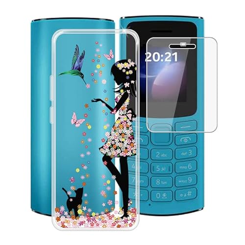 HGJTF Hülle für Nokia 105 4G 2023 (1.8") mit Gehärtetem Glas Schutzfolie, Ultra Dünn Stoßfest Handyhülle Silikon Case Kratzfest Weiche TPU Tasche für Nokia 105 4G 2023 - Mädchen von HGJTF