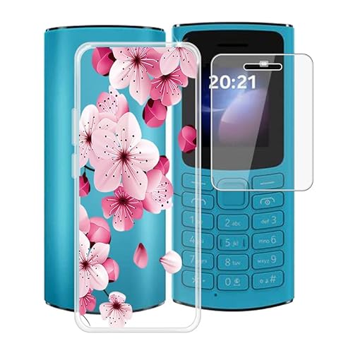 HGJTF Hülle für Nokia 105 4G 2023 (1.8") mit Gehärtetem Glas Schutzfolie, Ultra Dünn Stoßfest Handyhülle Silikon Case Kratzfest Weiche TPU Tasche für Nokia 105 4G 2023 - Pfirsichblüte von HGJTF