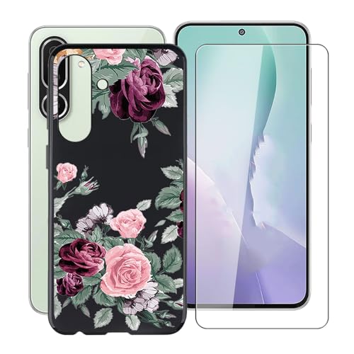 HGJTFANY Handyhülle für Samsung Galaxy M56 (6.74") mit Gehärtetem Glasfolie, Schwarz Weiche Silikon Stoßfeste Hülle Cover, Anti-Kratzer TPU Schutzhülle für Samsung Galaxy M56 - Rote Rose von HGJTFANY