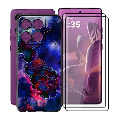 HGJTFANY Handyhülle mit 2 Stück Gehärtetem Glasfolie für Motorola Edge 60 Pro (6.70"), Schwarz Silikon TPU Stoßfest Schutzhülle Case, FallSchutz Schale Hülle für Motorola Edge 60 Pro - Rosenwolke von HGJTFANY