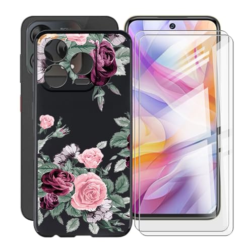 HGJTFANY Handyhülle mit 2 Stück Gehärtetem Glasfolie für ZTE Blade V70 Vita (6.70"), Schwarz Silikon TPU Stoßfest Schutzhülle Case, FallSchutz Schale Hülle für ZTE Blade V70 Vita - Rote Rose von HGJTFANY