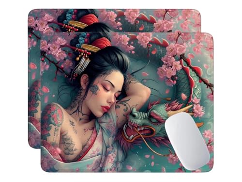 Mauspad, 2 Pack Mousepad 240x200x3 mm, wasserdichte Gaming Mauspad Mausmatte mit vernähte Kanten, rutschfeste Gummiunterseite, Glatte Oberflächen, Geeignet für Computer, Laptop (Geisha Dragon) E-992 von HHQGOUYG