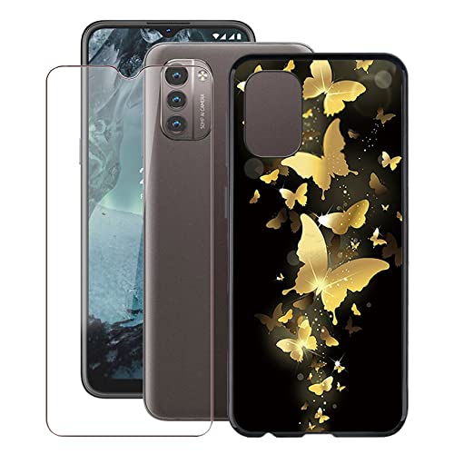 HHUAN Handyhülle Hülle für Nokia G21 (6.5") + 1 Stück Gehärtetem Glasfolie, Schwarz Weiche Silikon Schutzhülle, Kratzfest TPU Bumper Cover Case für Nokia G21 - WMA30 von HHUAN