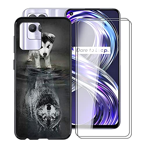 HHUAN Handyhülle Hülle für Realme 8i RMX3151 (6.6") + 2 Stück Gehärtetem Glasfolie, Schwarz Weiche Silikon Schutzhülle, Kratzfest TPU Bumper Cover Case für Realme 8i RMX3151 - WMA27 von HHUAN